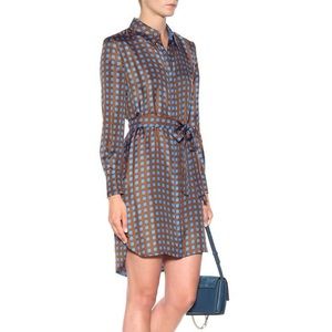 DVF Silk Brown and Blue Pattern Belted Long Sleeve Dress Shirtdress